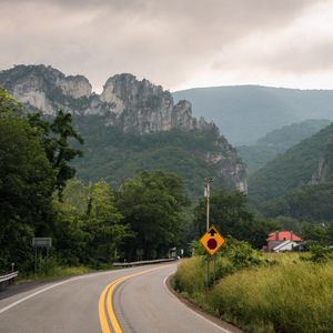 Preview wallpaper road, mountains, trees, nature, turn