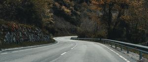 Preview wallpaper road, mountains, turn, trees, clouds