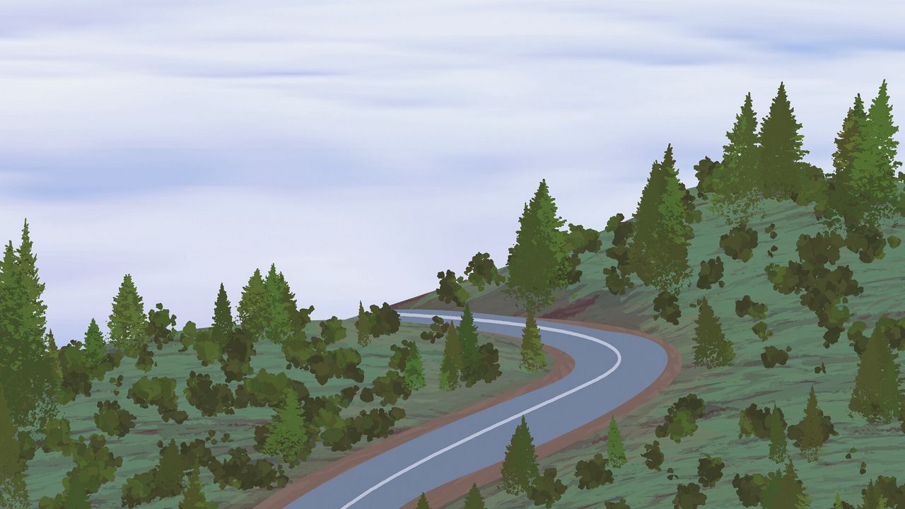Wallpaper road, mountains, winding, forest, fog, art