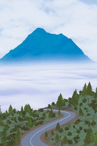 Preview wallpaper road, mountains, winding, forest, fog, art