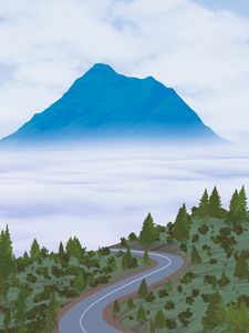 Preview wallpaper road, mountains, winding, forest, fog, art
