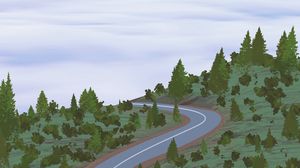 Preview wallpaper road, mountains, winding, forest, fog, art