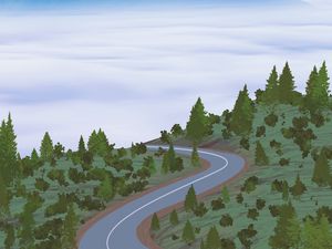 Preview wallpaper road, mountains, winding, forest, fog, art