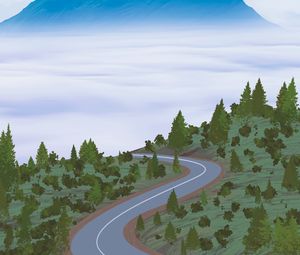 Preview wallpaper road, mountains, winding, forest, fog, art