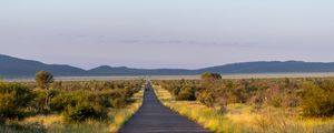Preview wallpaper road, nature, trees, hills, sky