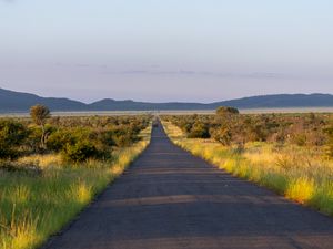 Preview wallpaper road, nature, trees, hills, sky