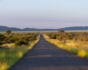 Preview wallpaper road, nature, trees, hills, sky
