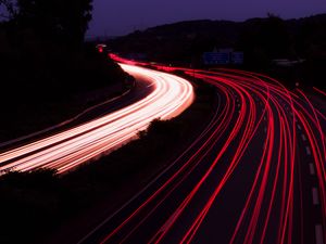 Preview wallpaper road, night, backlight, turn, dark