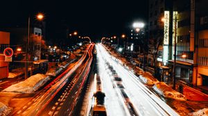 Preview wallpaper road, night, cars, light, long exposure, dark