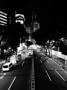 Preview wallpaper road, night city, bw, cars, buildings