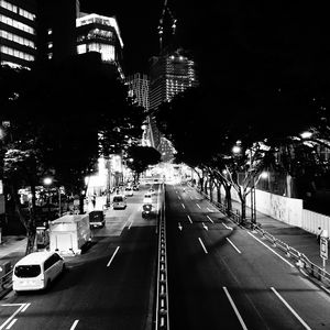 Preview wallpaper road, night city, bw, cars, buildings