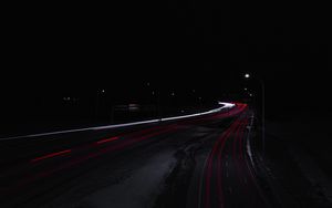 Preview wallpaper road, night, dark, lights, long exposure