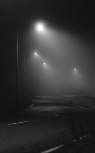 Preview wallpaper road, night, fog, lights, bw