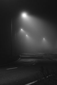 Preview wallpaper road, night, fog, lights, bw