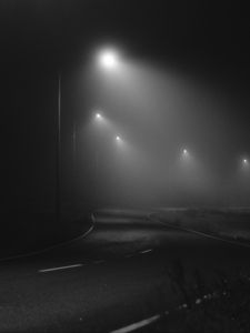 Preview wallpaper road, night, fog, lights, bw