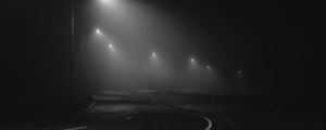 Preview wallpaper road, night, fog, lights, bw