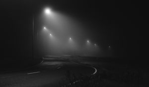 Preview wallpaper road, night, fog, lights, bw