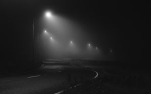 Preview wallpaper road, night, fog, lights, bw