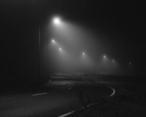 Preview wallpaper road, night, fog, lights, bw