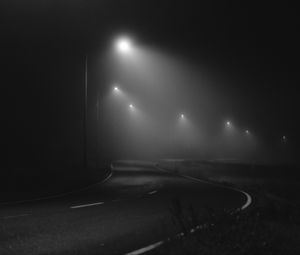 Preview wallpaper road, night, fog, lights, bw