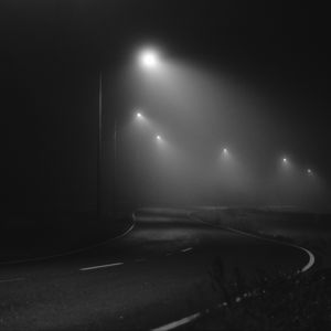 Preview wallpaper road, night, fog, lights, bw