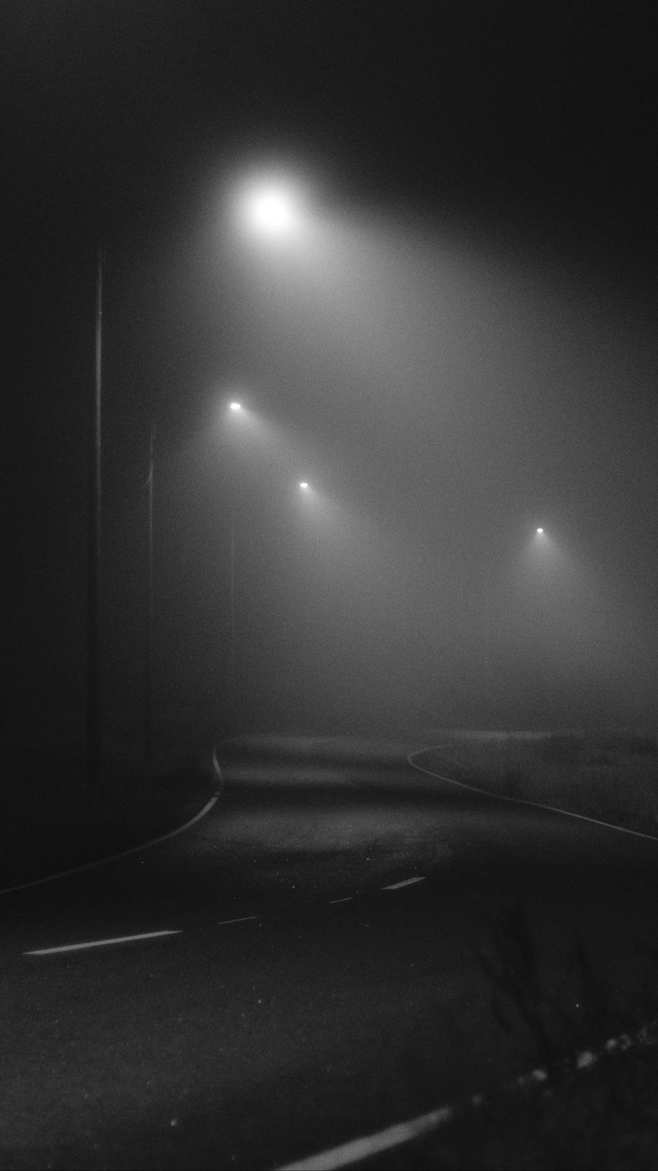 938x1668 Wallpaper road, night, fog, lights, bw