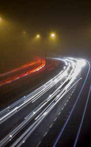 Preview wallpaper road, night, fog, turn, lights, long exposure