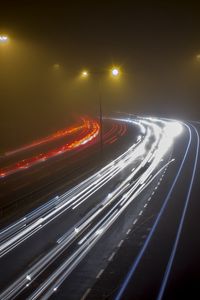 Preview wallpaper road, night, fog, turn, lights, long exposure