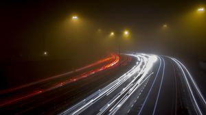 Preview wallpaper road, night, fog, turn, lights, long exposure