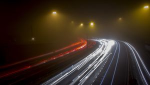 Preview wallpaper road, night, fog, turn, lights, long exposure