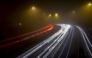 Preview wallpaper road, night, fog, turn, lights, long exposure