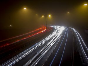 Preview wallpaper road, night, fog, turn, lights, long exposure