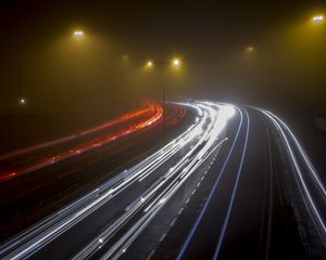 Preview wallpaper road, night, fog, turn, lights, long exposure