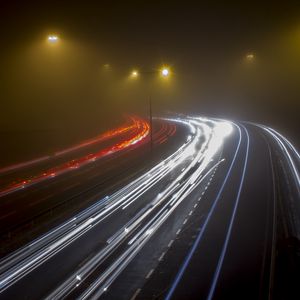 Preview wallpaper road, night, fog, turn, lights, long exposure