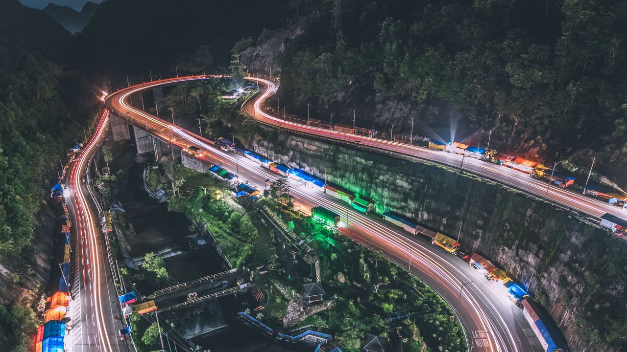 Wallpaper road, night, glow, long exposure