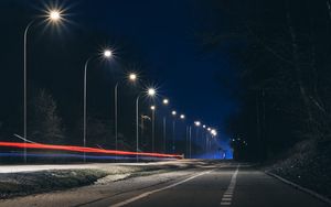 Preview wallpaper road, night, lanterns, light