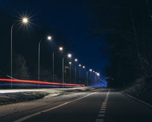 Preview wallpaper road, night, lanterns, light