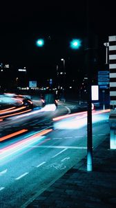 Preview wallpaper road, night, lanterns, lights, long exposure