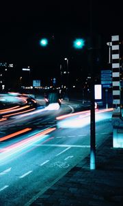 Preview wallpaper road, night, lanterns, lights, long exposure