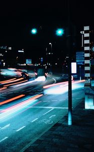 Preview wallpaper road, night, lanterns, lights, long exposure