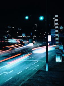 Preview wallpaper road, night, lanterns, lights, long exposure