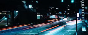 Preview wallpaper road, night, lanterns, lights, long exposure