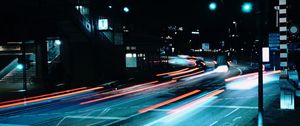 Preview wallpaper road, night, lanterns, lights, long exposure