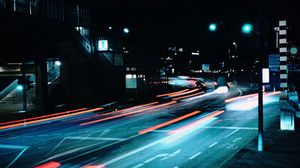 Preview wallpaper road, night, lanterns, lights, long exposure