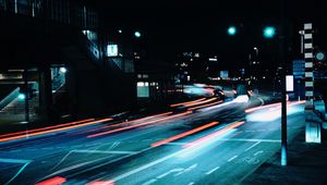 Preview wallpaper road, night, lanterns, lights, long exposure