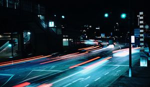 Preview wallpaper road, night, lanterns, lights, long exposure