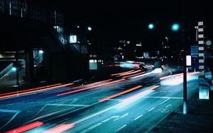 Preview wallpaper road, night, lanterns, lights, long exposure