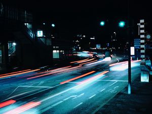 Preview wallpaper road, night, lanterns, lights, long exposure