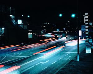 Preview wallpaper road, night, lanterns, lights, long exposure