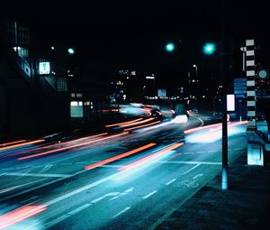 Preview wallpaper road, night, lanterns, lights, long exposure